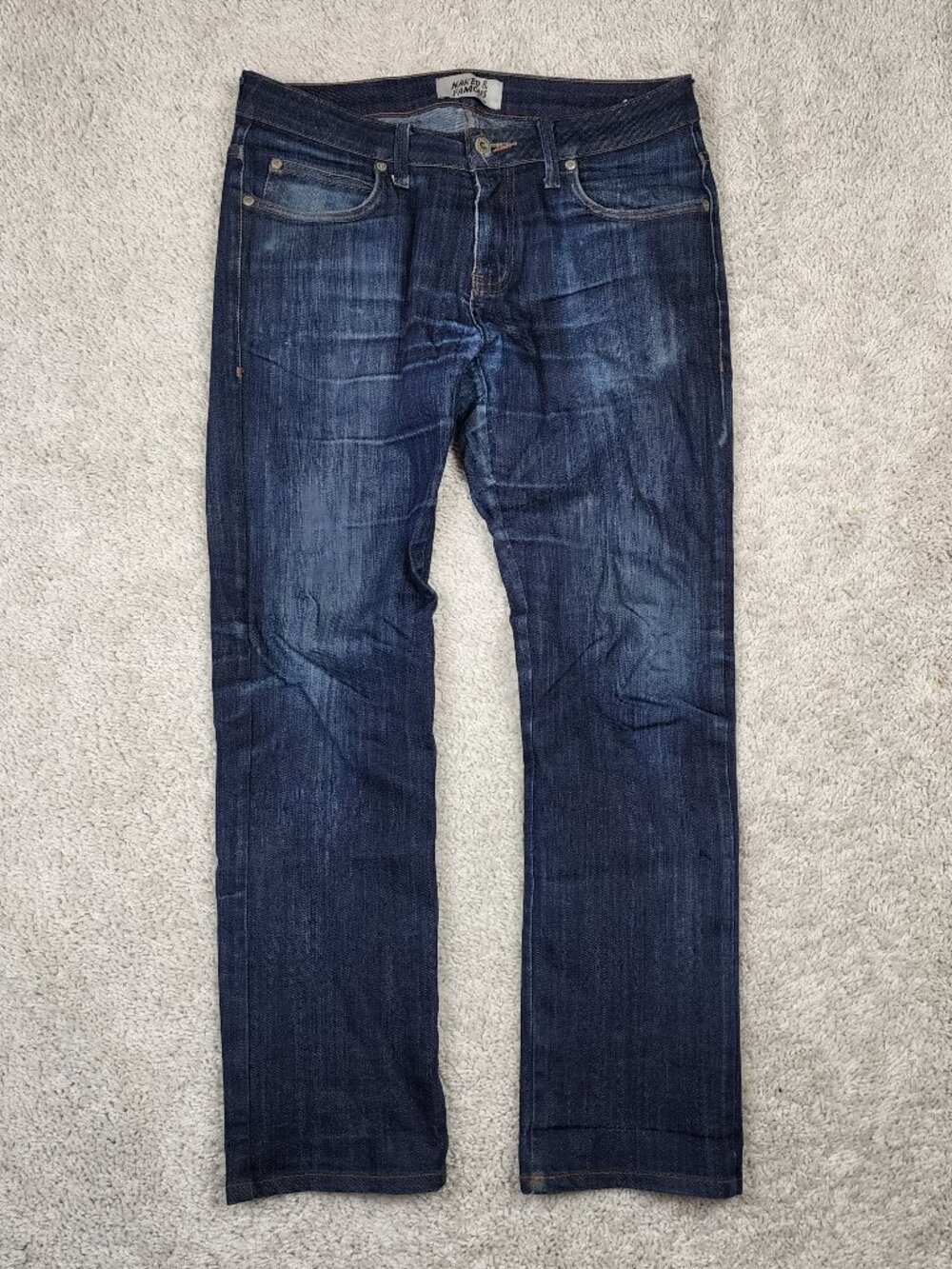 Naked & Famous Slim Indigo Power Stretch Jeans 33x27 Skinny Guy USA tear Sewed